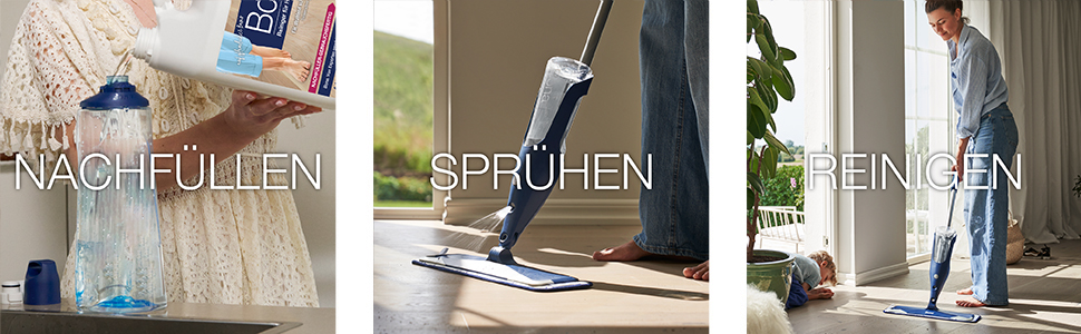 Abbildung der Bona Spray Mop Kartusche, welche nachgefüllt wird. Bona Spray Mop in Benutzung bei der Reinigung eines Holzbodens