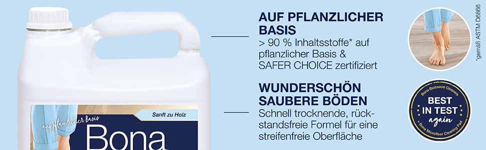 Spare Geld mit dem Bona Holzboden-Reiniger Nachfüllkanister; Bona Holzboden-Reiniger ist nachhaltig entwickelt, wasserbasiert, GREENGUARD GOLD zertifiziert und pH-neutral
