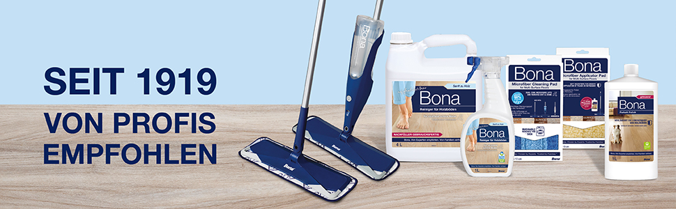 Abbildung des kompletten Bona-Holzbodenreinigungssystems, das eine nachfüllbare Kartusche, einen Spray Mop oder einen Mikrofasermopp und Sprühflasche umfasst