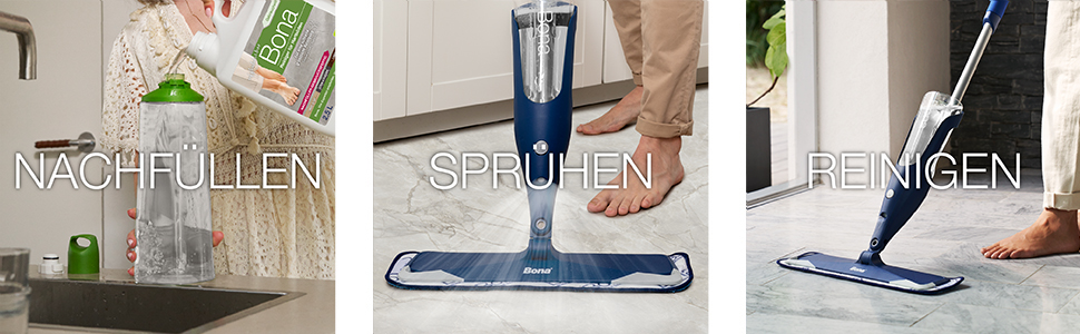 Abbildung der Bona Spray Mop Kartusche, welche nachgefüllt wird. Bona Spray Mop in Benutzung bei der Reinigung eines Fliesenbodens