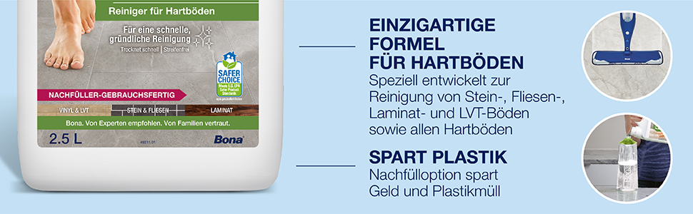 Der Bona Hartboden-Reiniger ist gebrauchsfertig für die tägliche Fleckenreinigung oder die wöchentliche Grundreinigung; Abbildung eines schön gereinigten Bodens dank der schnell trocknenden, rückstandsfreien Formel