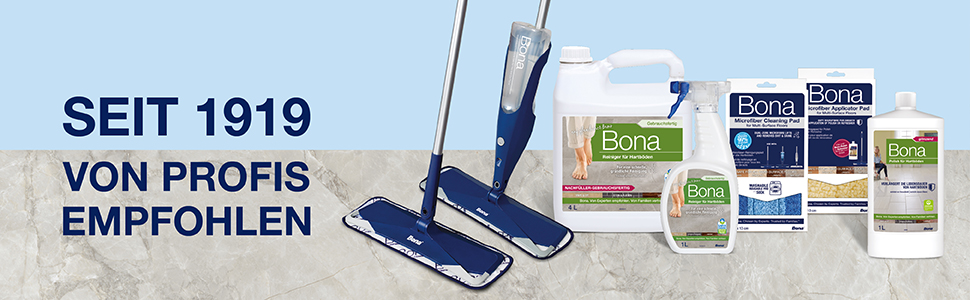 Abbildung des kompletten Bona-Hartbodenreinigungssystems, das eine nachfüllbare Kartusche, einen Spray Mop oder einen Mikrofasermopp und Sprühflasche umfasst