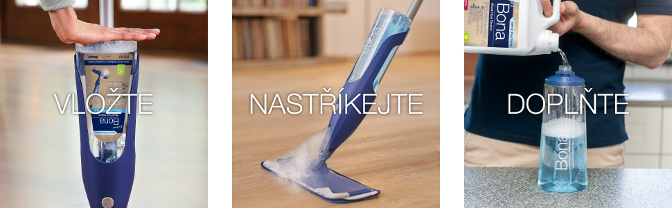 Image of Bona Spray Mop Bottle being inserted into Spray Mop, then being sprayed on the wood floor and finally being refilled