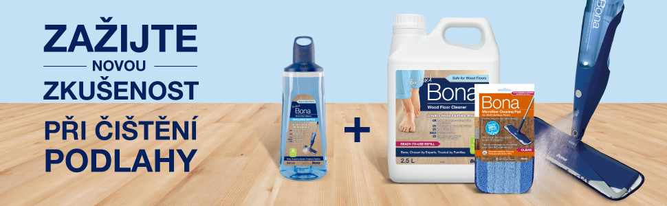 Image of the full Bona Wood Floor cleaning system which include a spray mop, refill solution and microfiber pad