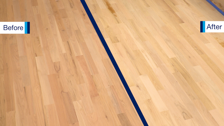 Two sections of a wood floor (before & after) show pink hues on left; at right is blonde wood, after using Bona Red Out.